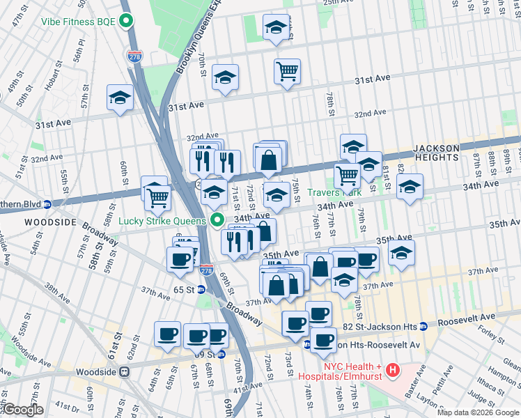 map of restaurants, bars, coffee shops, grocery stores, and more near 33-34 72nd Street in Queens