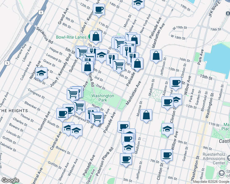 map of restaurants, bars, coffee shops, grocery stores, and more near 305 New York Avenue in Union City