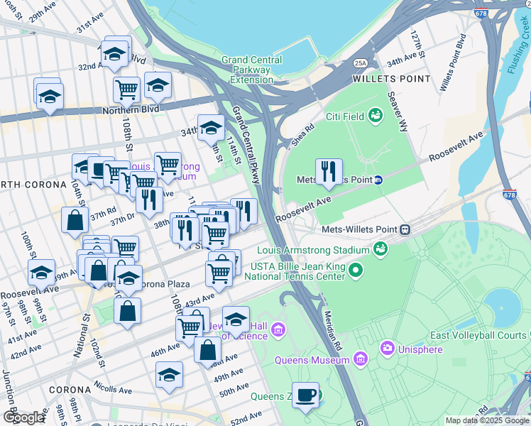map of restaurants, bars, coffee shops, grocery stores, and more near Grand Central Pkwy in Queens