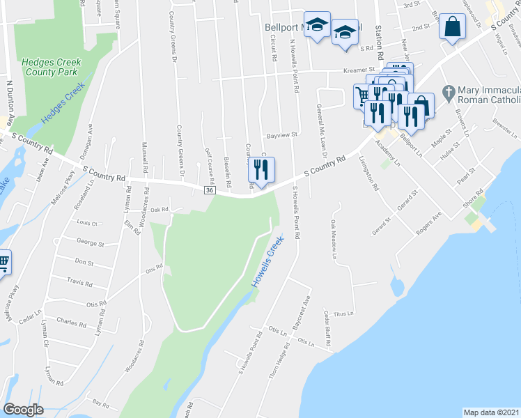 map of restaurants, bars, coffee shops, grocery stores, and more near 40 South Country Road in Bellport