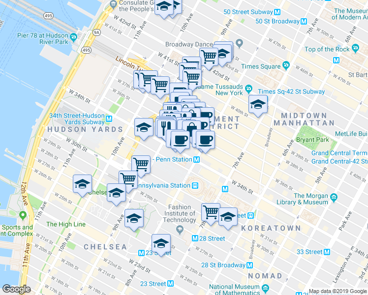 map of restaurants, bars, coffee shops, grocery stores, and more near 323 West 34th Street in New York