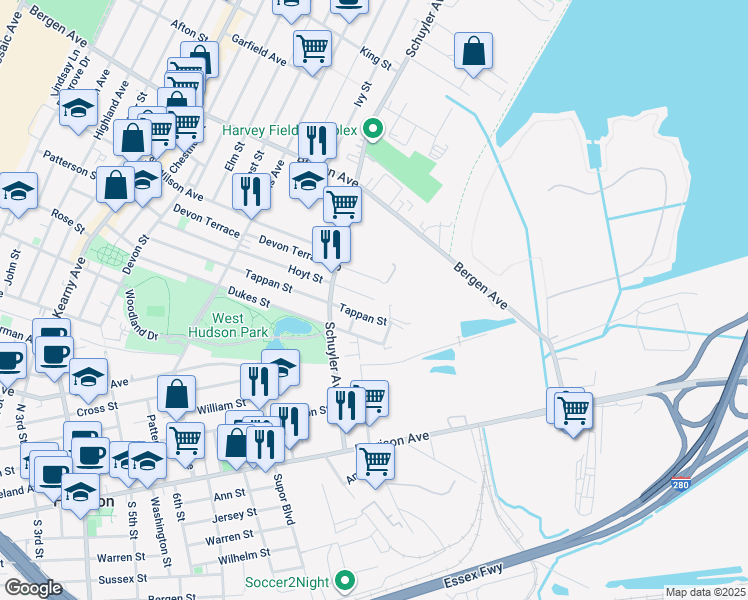 map of restaurants, bars, coffee shops, grocery stores, and more near 293 Hoyt Street in Kearny