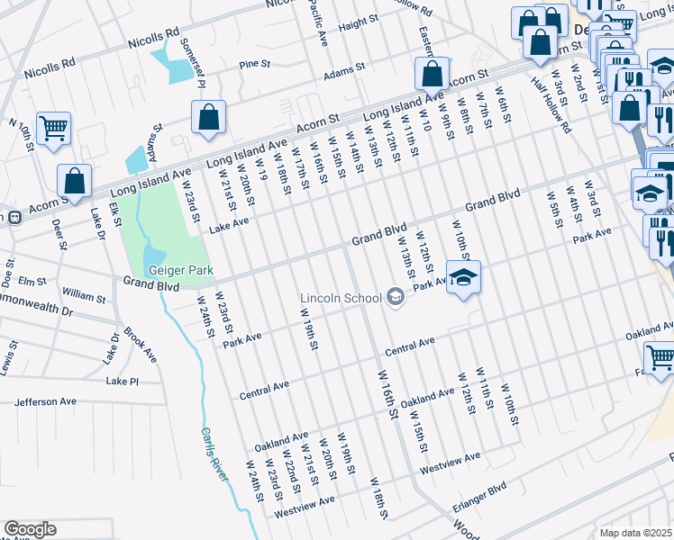 map of restaurants, bars, coffee shops, grocery stores, and more near 115A West 17th Street in Deer Park