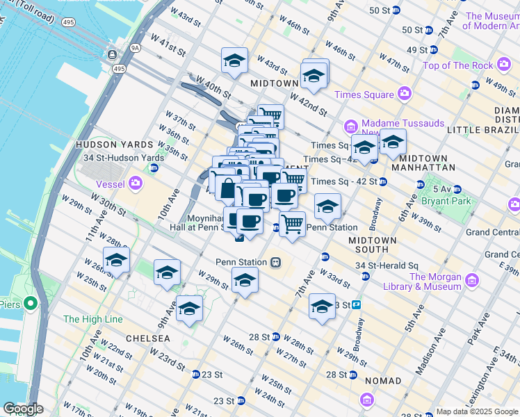 map of restaurants, bars, coffee shops, grocery stores, and more near 323 West 34th Street in New York