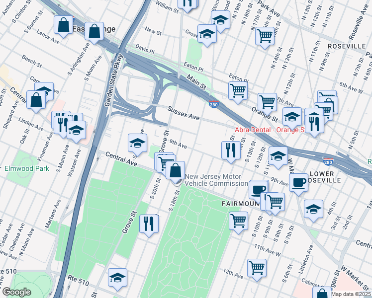 map of restaurants, bars, coffee shops, grocery stores, and more near 96 Hollywood Avenue in East Orange