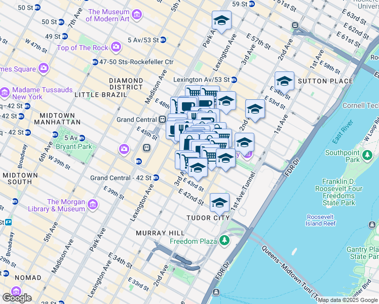 map of restaurants, bars, coffee shops, grocery stores, and more near 730 3rd Avenue in New York