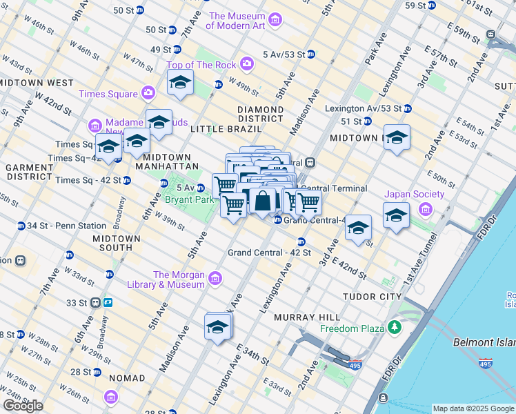 map of restaurants, bars, coffee shops, grocery stores, and more near 321 Madison Avenue in New York