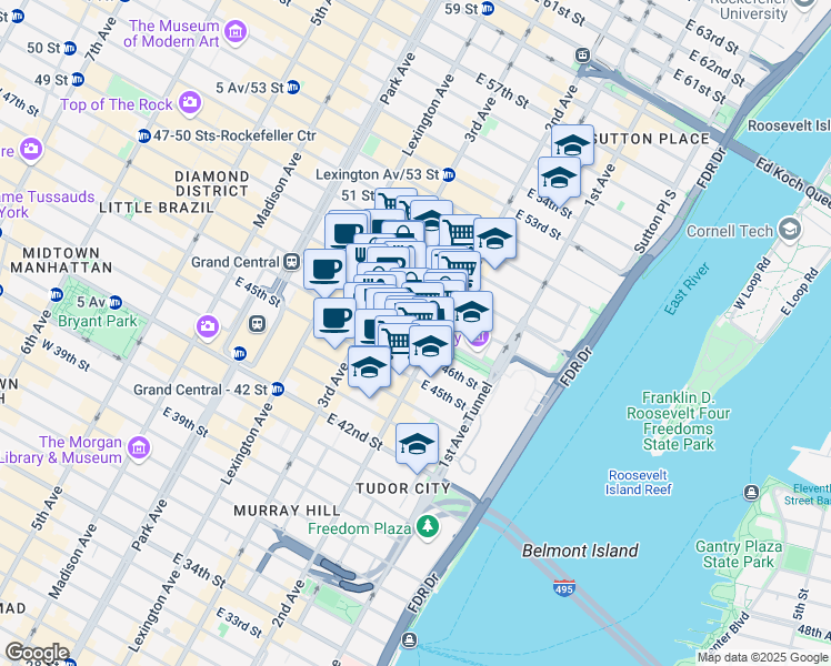 map of restaurants, bars, coffee shops, grocery stores, and more near 240 East 47th Street in New York