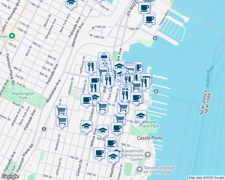 map of restaurants, bars, coffee shops, grocery stores, and more near 201 14th Street in Hoboken