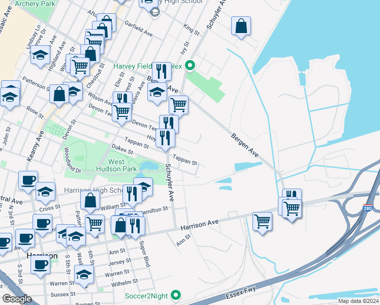 map of restaurants, bars, coffee shops, grocery stores, and more near 275 Hoyt Street in Kearny