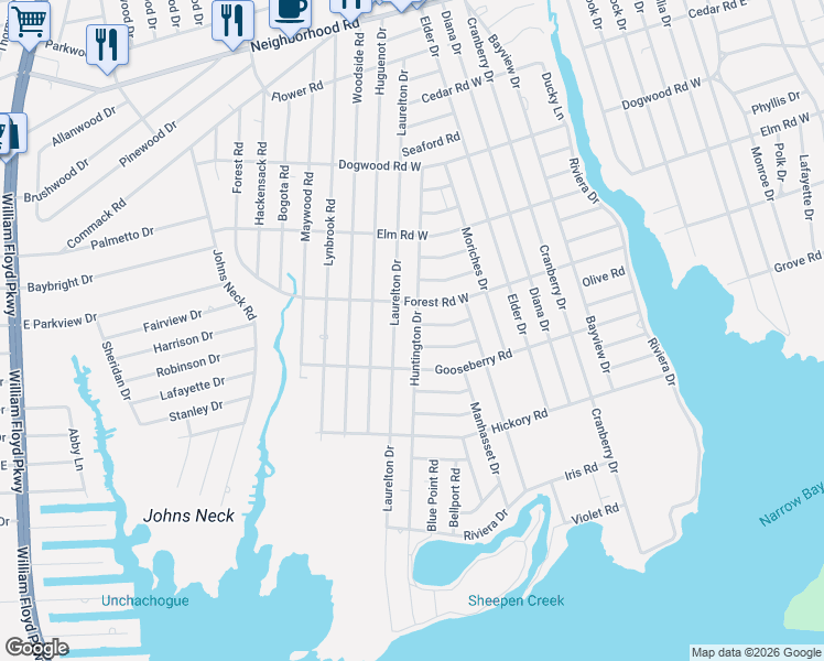 map of restaurants, bars, coffee shops, grocery stores, and more near 292 Forest Road West in Mastic Beach