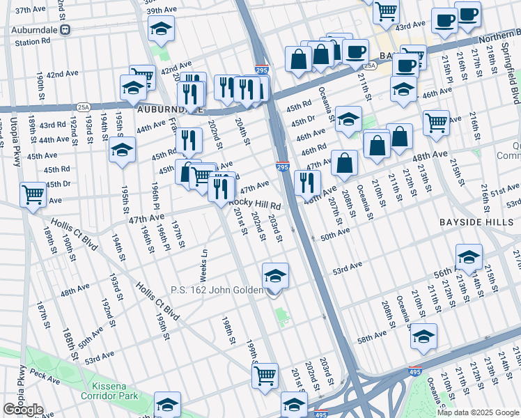 map of restaurants, bars, coffee shops, grocery stores, and more near 47-29 203rd Street in Queens