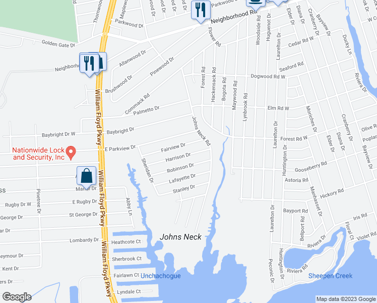 map of restaurants, bars, coffee shops, grocery stores, and more near 41 Harrison Drive in Shirley