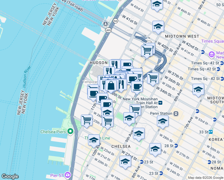 map of restaurants, bars, coffee shops, grocery stores, and more near 15 Hudson Yards in New York