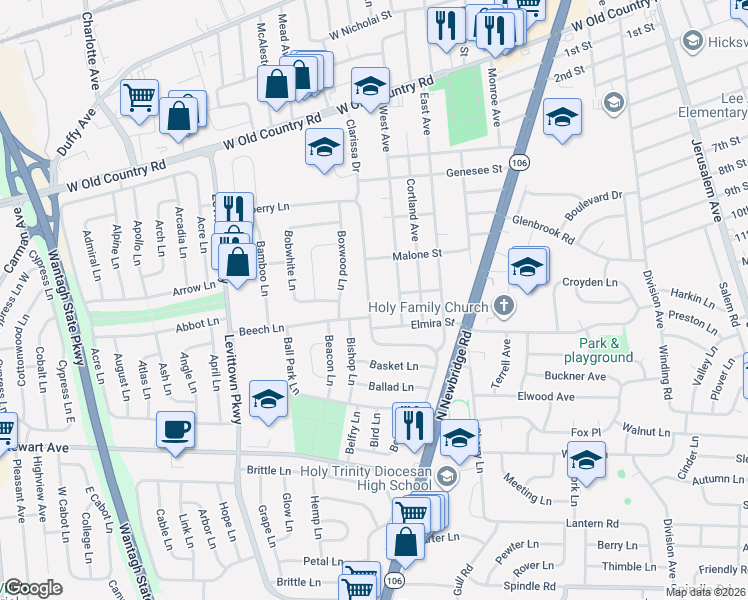map of restaurants, bars, coffee shops, grocery stores, and more near 129 Blueberry Lane in Hicksville