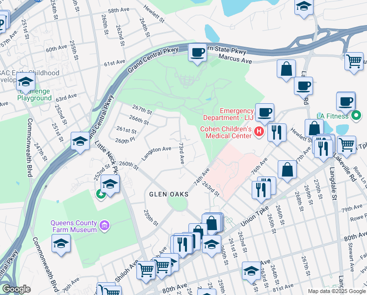 map of restaurants, bars, coffee shops, grocery stores, and more near 264-9 Langston Avenue in Queens