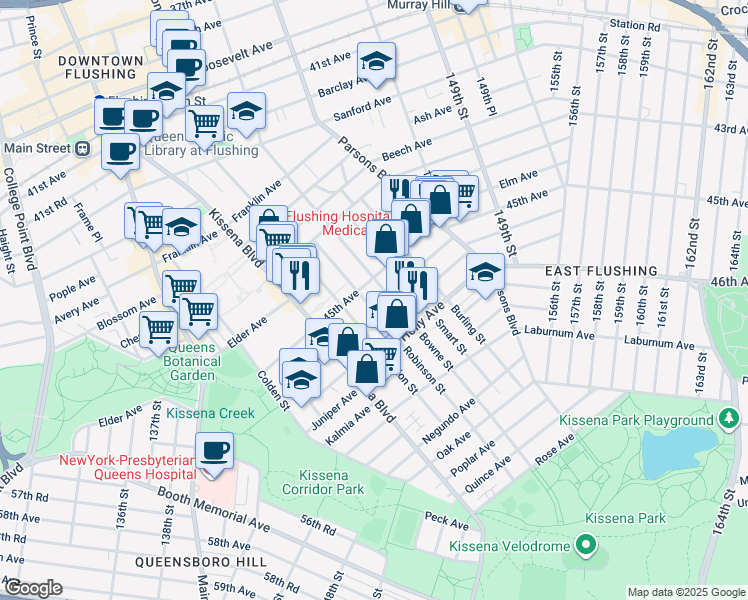 map of restaurants, bars, coffee shops, grocery stores, and more near 45-15 Bowne Street in Queens