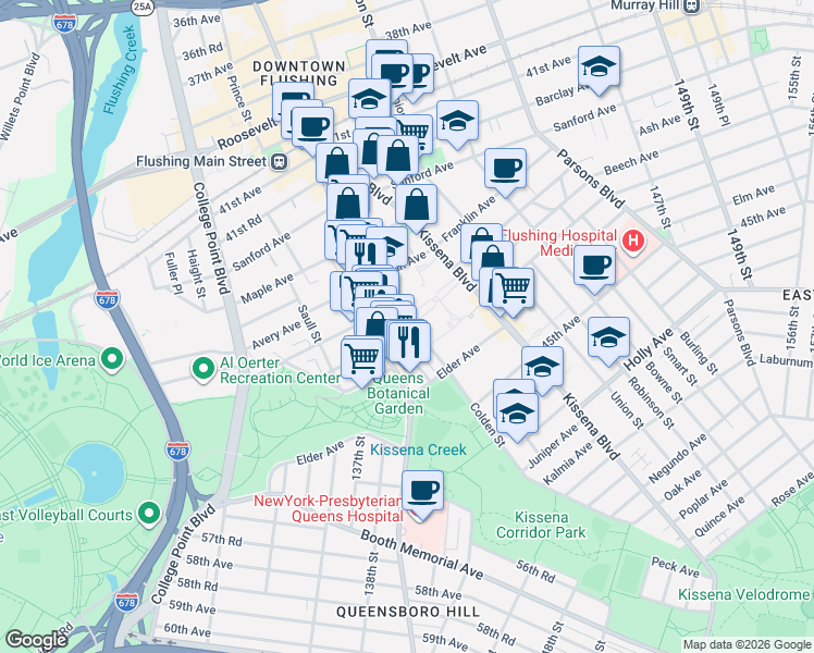 map of restaurants, bars, coffee shops, grocery stores, and more near 42-55 Colden Street in Queens