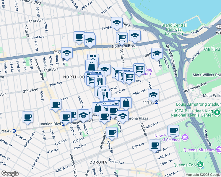 map of restaurants, bars, coffee shops, grocery stores, and more near 104-8 37th Avenue in Queens