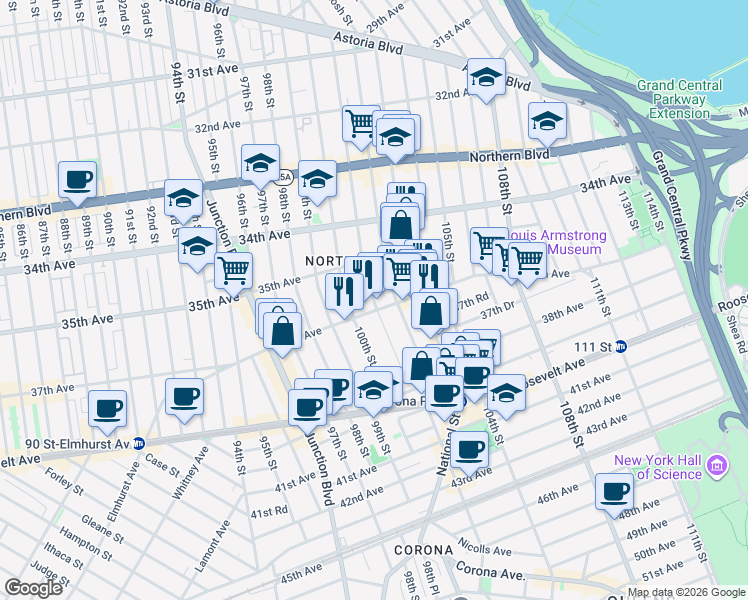 map of restaurants, bars, coffee shops, grocery stores, and more near 35-34 102nd Street in Queens