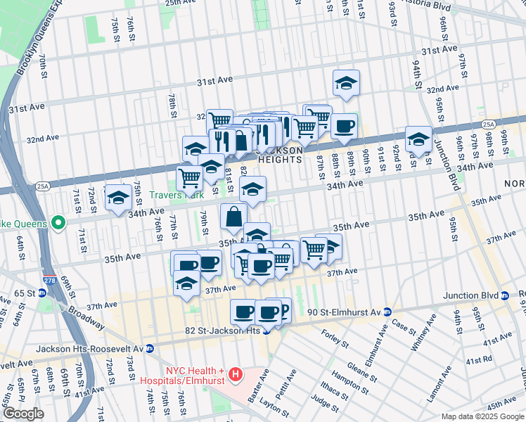 map of restaurants, bars, coffee shops, grocery stores, and more near 34-9 83rd Street in Queens
