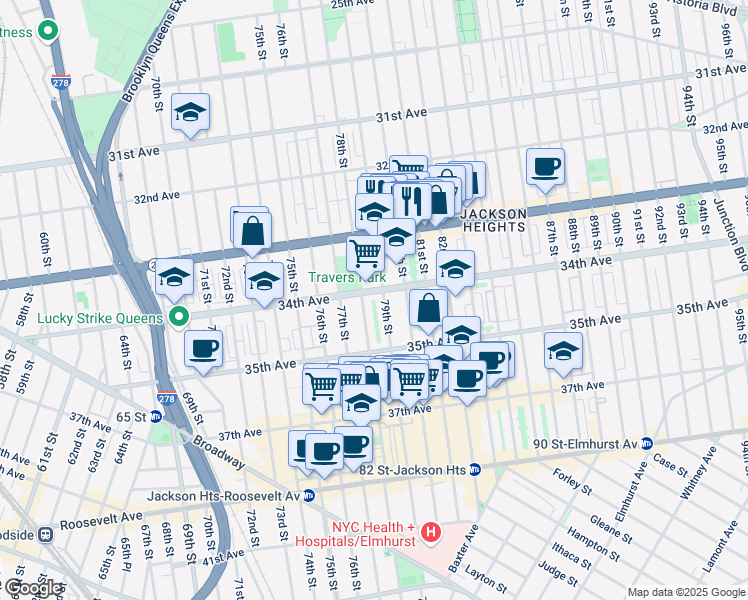 map of restaurants, bars, coffee shops, grocery stores, and more near 78-1 34th Avenue in Queens