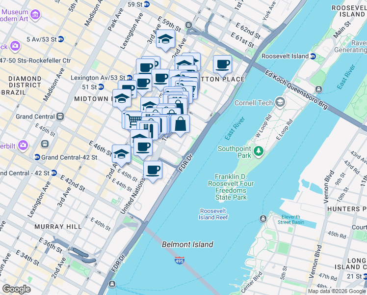 map of restaurants, bars, coffee shops, grocery stores, and more near 427 East 50th Street in New York