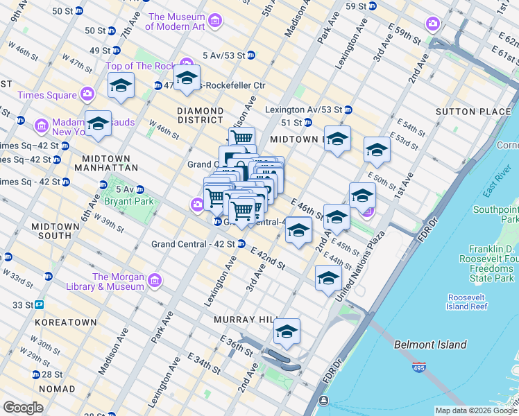 map of restaurants, bars, coffee shops, grocery stores, and more near 230 Park Avenue in New York