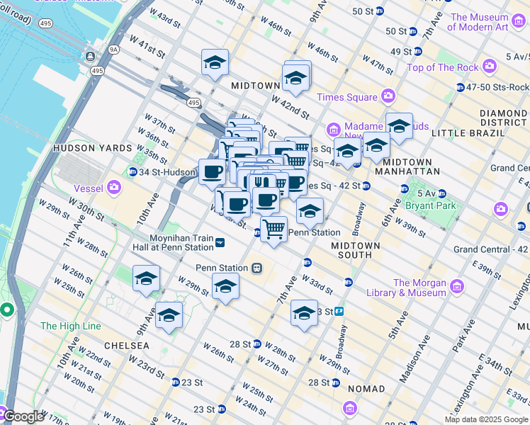 map of restaurants, bars, coffee shops, grocery stores, and more near 314 West 36th Street in New York