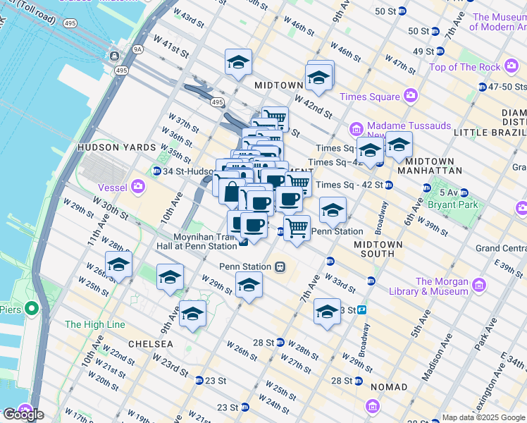 map of restaurants, bars, coffee shops, grocery stores, and more near 370A West 35th Street in New York