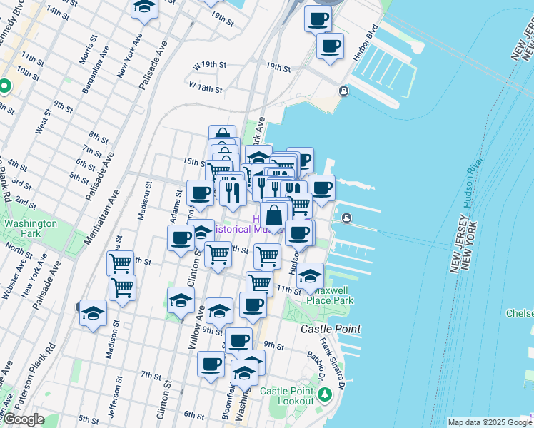 map of restaurants, bars, coffee shops, grocery stores, and more near 201 14th Street in Hoboken