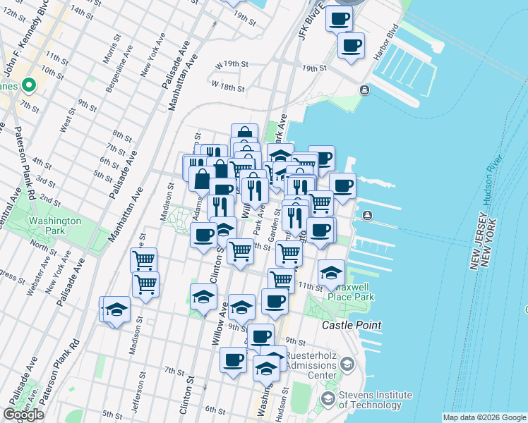 map of restaurants, bars, coffee shops, grocery stores, and more near 1327 Willow Avenue in Hoboken