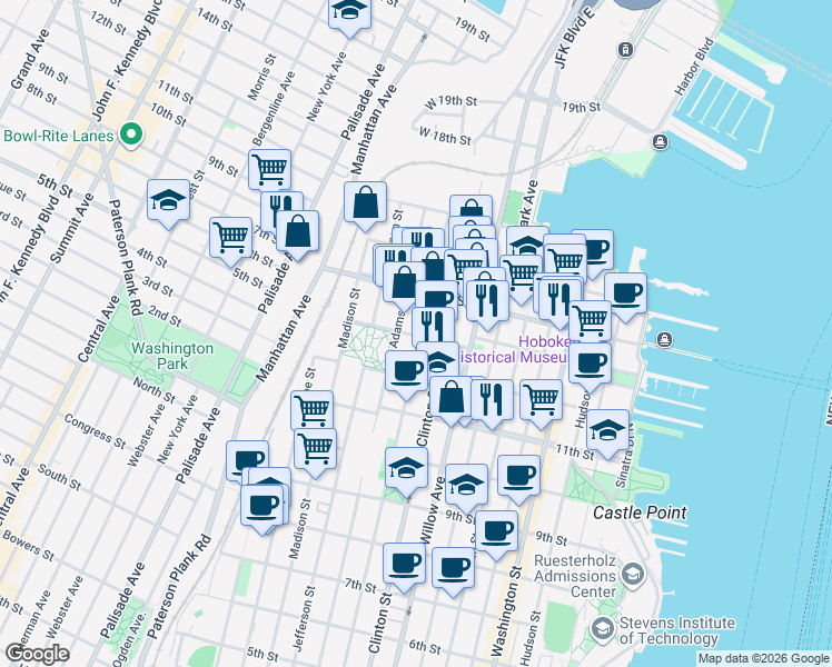 map of restaurants, bars, coffee shops, grocery stores, and more near 1300 Grand Street in Hoboken