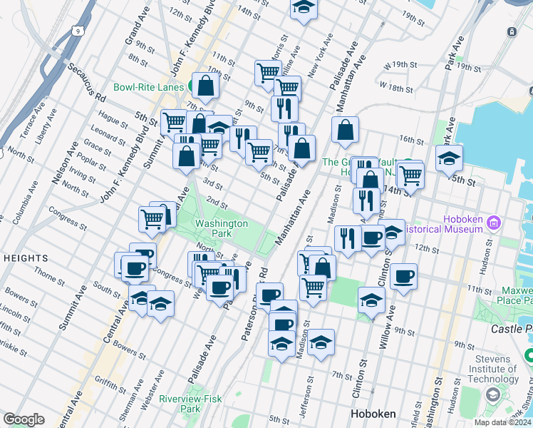 map of restaurants, bars, coffee shops, grocery stores, and more near 307 Palisade Avenue in Union City