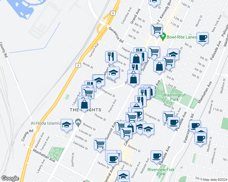 map of restaurants, bars, coffee shops, grocery stores, and more near 105 Graham Street in Jersey City