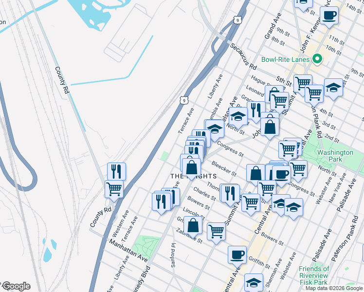 map of restaurants, bars, coffee shops, grocery stores, and more near 212 Terrace Avenue in Jersey City