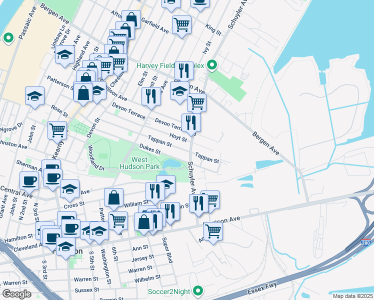 map of restaurants, bars, coffee shops, grocery stores, and more near 153 Tappan Street in Kearny