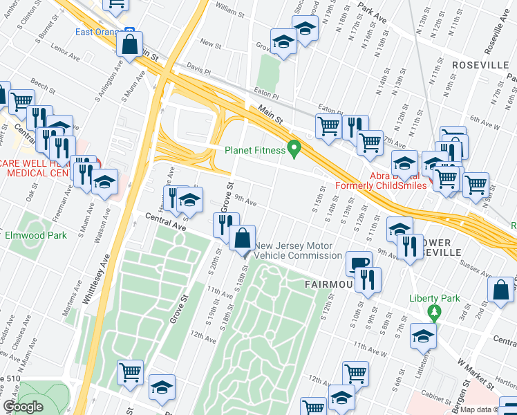 map of restaurants, bars, coffee shops, grocery stores, and more near 96 Hollywood Avenue in East Orange