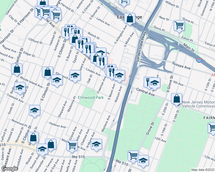 map of restaurants, bars, coffee shops, grocery stores, and more near 109 South Munn Avenue in East Orange