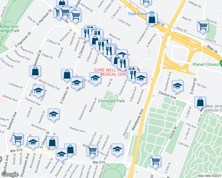 map of restaurants, bars, coffee shops, grocery stores, and more near 64 Oak Street in East Orange