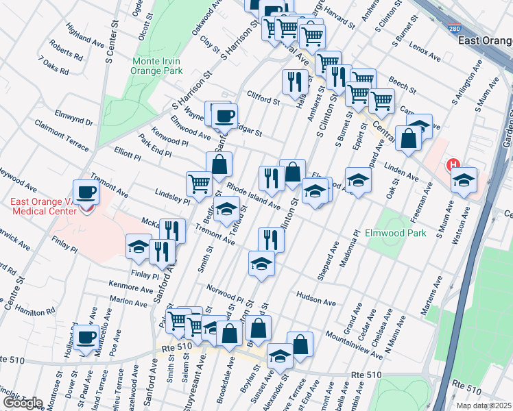 map of restaurants, bars, coffee shops, grocery stores, and more near 60 Telford Street in East Orange