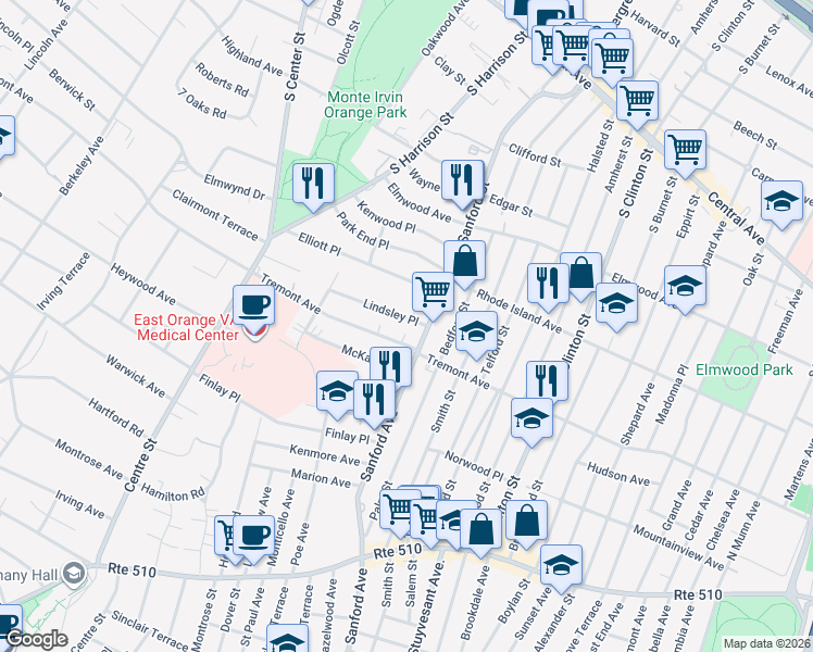 map of restaurants, bars, coffee shops, grocery stores, and more near 32 Lindsley Place in East Orange