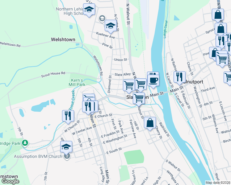map of restaurants, bars, coffee shops, grocery stores, and more near 330 Chestnut Street in Slatington