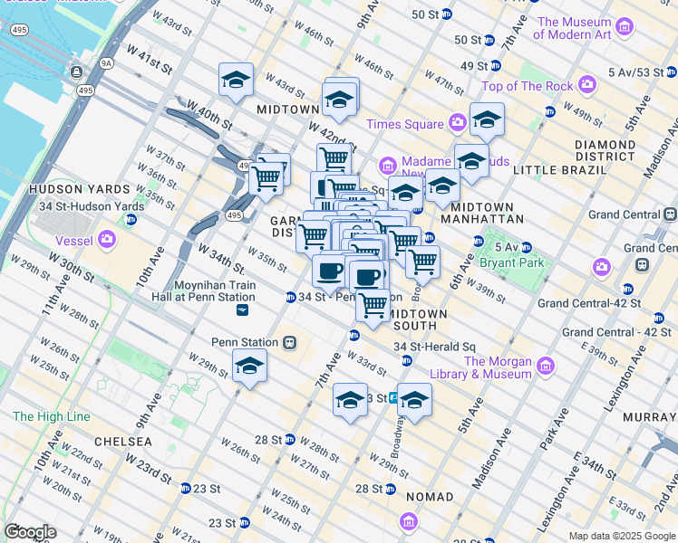 map of restaurants, bars, coffee shops, grocery stores, and more near 227 West 37th Street in New York