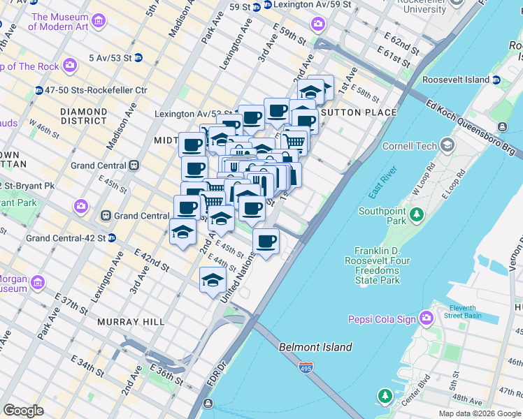 map of restaurants, bars, coffee shops, grocery stores, and more near 100 United Nations Plaza in New York