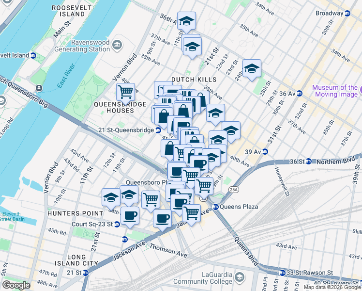 map of restaurants, bars, coffee shops, grocery stores, and more near 22-07 41st Avenue in Queens