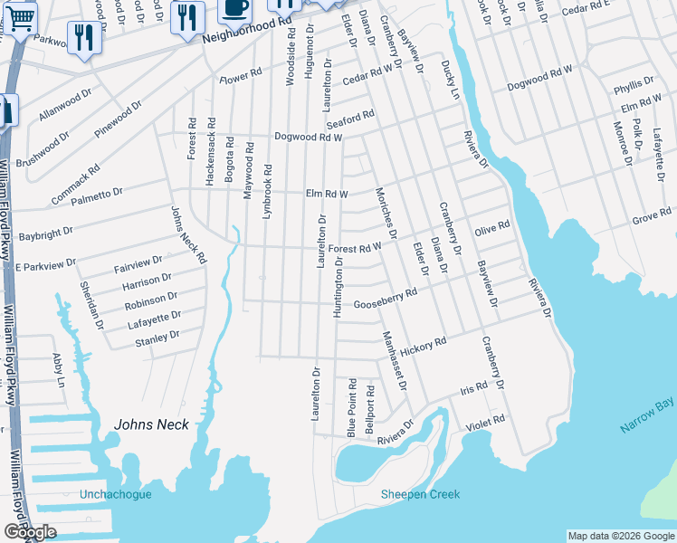 map of restaurants, bars, coffee shops, grocery stores, and more near 292 Forest Road West in Mastic Beach