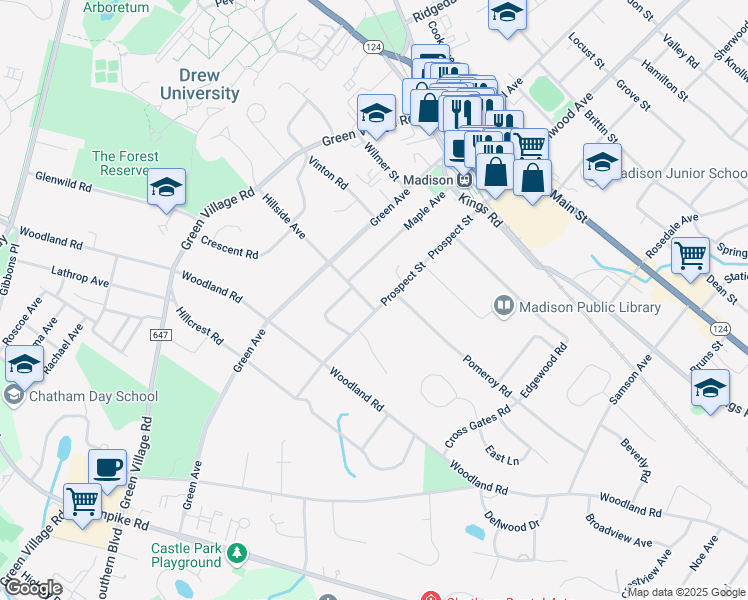 map of restaurants, bars, coffee shops, grocery stores, and more near 56 Hillside Avenue in Madison