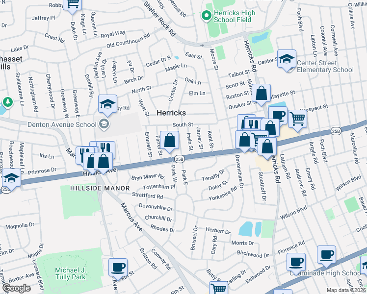 map of restaurants, bars, coffee shops, grocery stores, and more near 28 Irwin Street in New Hyde Park