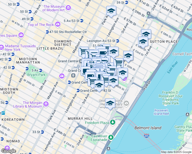 map of restaurants, bars, coffee shops, grocery stores, and more near 730 3rd Avenue in New York